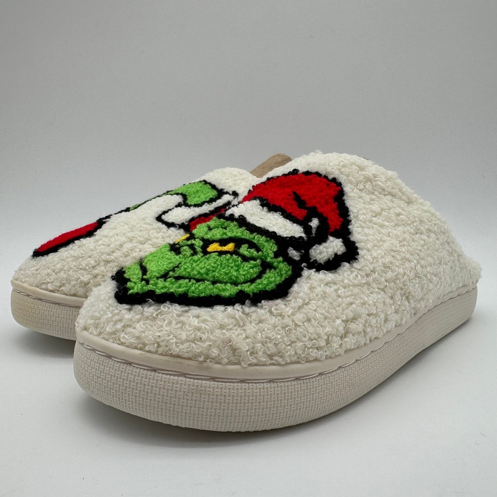 Grinch Christmas Sherpa Slippers White Cozy House Shoes Women's Size‎ 9-10 New